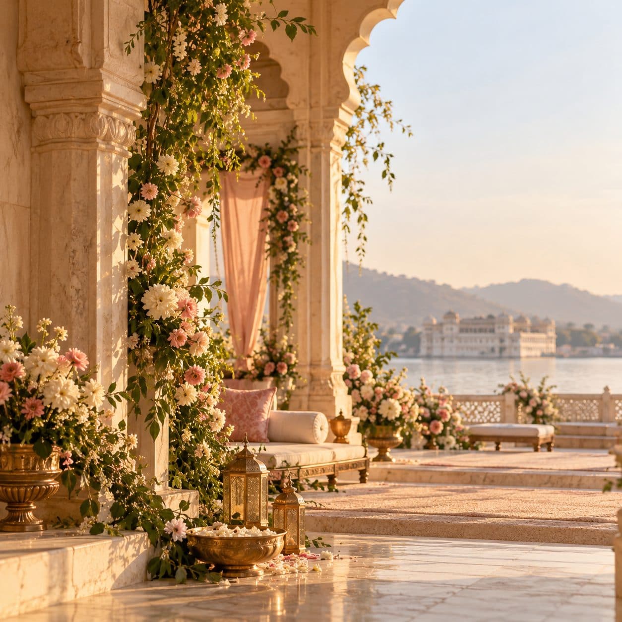 A sunlit marble courtyard with marigolds, overlooking a lake palace