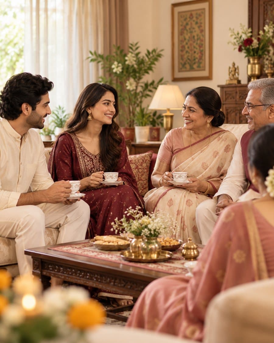 A family sharing tea and conversation in a warm living room