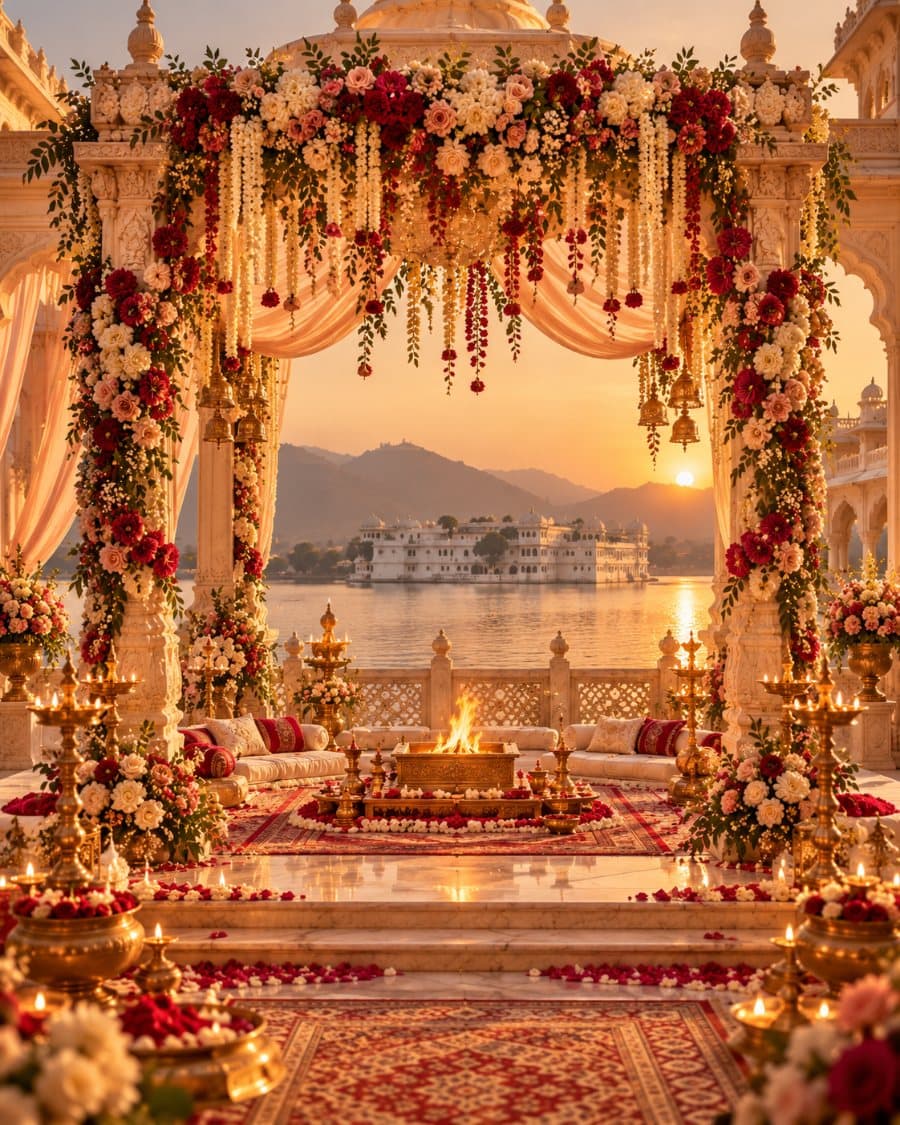 A floral mandap with marigold and rose garlands overlooking a lake at sunset